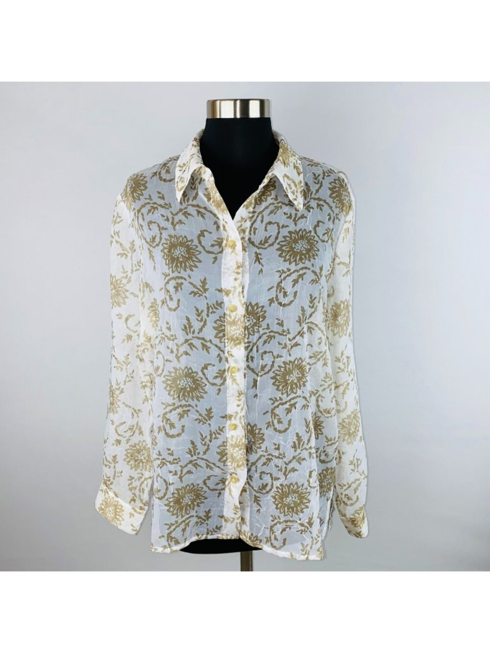 Alfred Dunner Womens 10 Sheer Tan Floral Print Long Sleeve Button Down Shirt